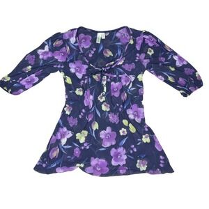 Floral Tunic Top Womens XS Purple Yellow 3/4‎ Sleeve Y2k Baby doll Sheer Blouse